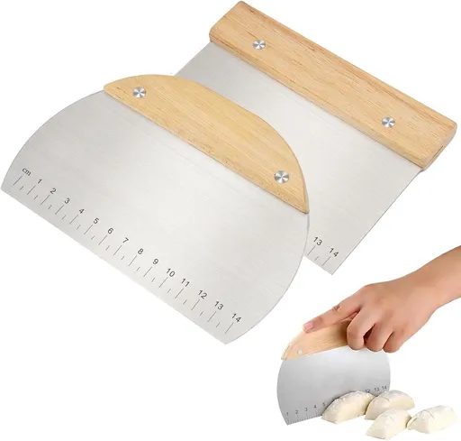 Dough Scraper - Pack of 2 dough spatulas with wooden handle - Dough Knife - Scraper - Vegetable Cutter - Dough Cutter - Dough Scraper - Dough Cutter - Durable - Stainless Steel - Dough Scraper - Semi-circular and Rectangular - Suitable for cutting do