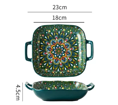 Emerald Plume 9-Inch Bohemian Ceramic Double-Handled Square Plate