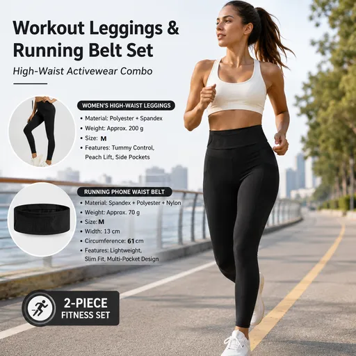 Comfortable Outdoor Sports Set-Black M Size Running Waist Belt and Black M Size High-Waisted Yoga Leggings - Breathable Spandex Blend, Side Pockets for Phone and Keys, Lightweight Fitness Gear for Running and Gym