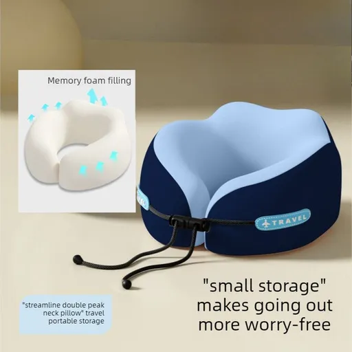Memory Foam Travel Neck Pillow, U-Shaped Pillow with Ice Silk Cover, Adjustable Lock, and Storage Case for Airplane, Car, Office - Dark Blue