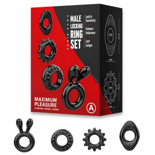House Of Dasein 4Pcs Set Black Stretchy Silicone Cock Four Styles Penis Rings Men - Black