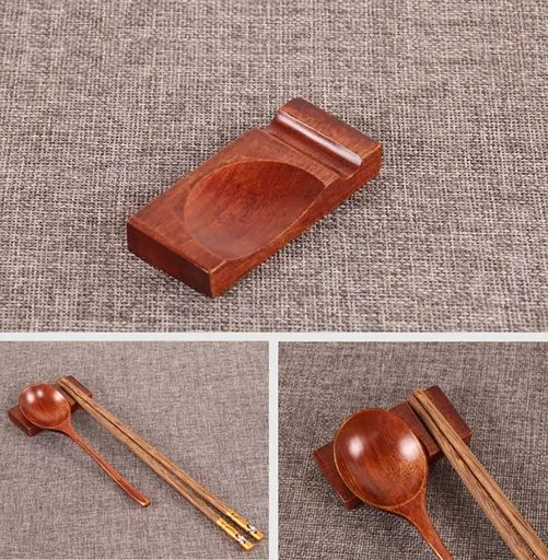 Linshing Wooden Chopstick Holder Spoon Fork Rest Holder Tableware Kitchen Tool (4 pack, Square, Dual Use)