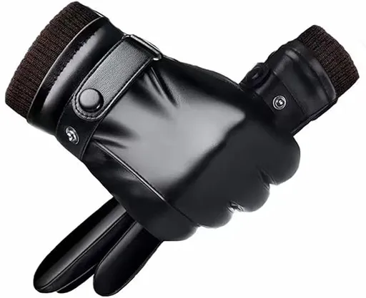 Black winter gloves made of genuine leather - warm and insulated gloves - adjustable size - compatible with touchscreen devices - non-slip palm - cashmere lining - windproof, rainproof and snowproof