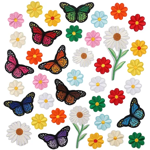 39PCS Flowers Embroidered Iron on Patches Butterfly Daisy Applique Decoration Sewing Patches for Bags Caps Jackets Hat Jean
