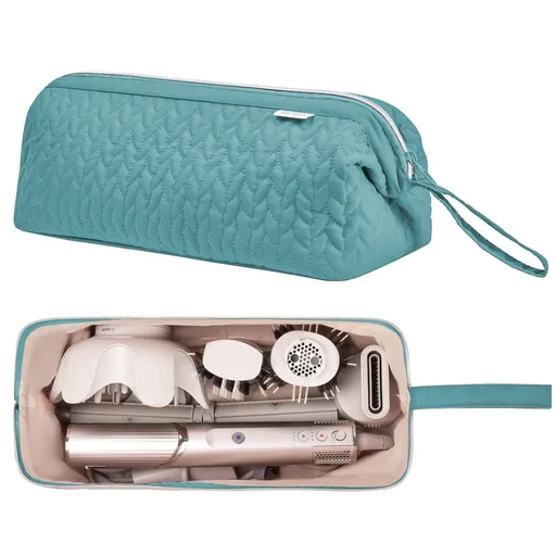 Waterproof Quilted Hair Styling Tool Organizer Travel Makeup Bag with Wide Opening and Portable Handle for Blow Dryer Curling Iron Attachments and Cosmetics Storage (Green)