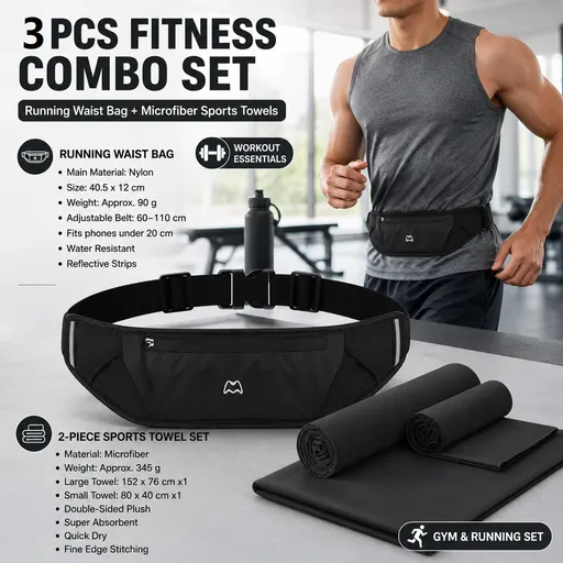 Dry and Breathable Sports combination-Black Running Waist Belt and Black 152*76cm and 80*40cm Microfiber Sports Towel Set - Waterproof Nylon Belt with Reflective Strips, Quick Dry Gym Towels for Fitness Running Swimming