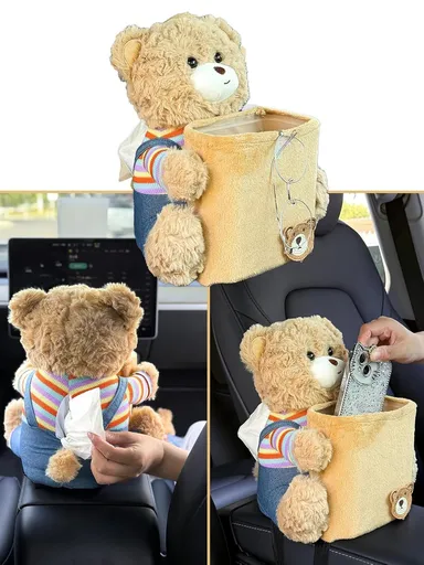 Cute Car Trash Can with Tissue Holder Teddy Bear Tissue Box Console Stuffed Animal Organizer Plush Doll Multifunctional Creative Accessories for Women Rainbow Bear