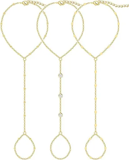 3PCS 14K Gold-Plated Hand Chain Bracelets for Women, Stack Bracelets Set Adjustable, Trendy Dainty Ring Bracelet Hand Chain