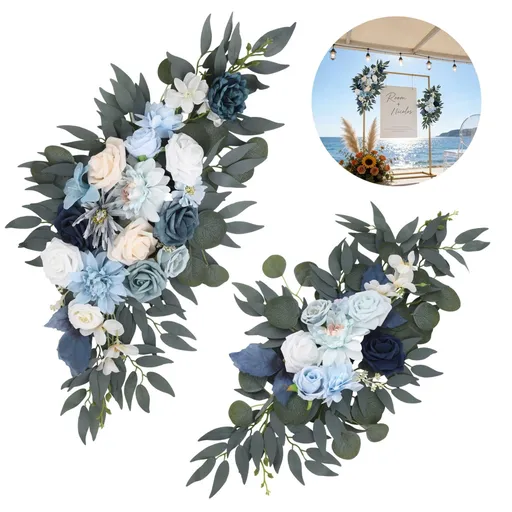 2PCS Artificial Wedding Arch Flowers Kit, Blue Floral Swag Arrangement, Rustic Wedding Arch Decoration, Front Door Hanging Flower Arrangement for Home Party Cafe Shop Decoration
