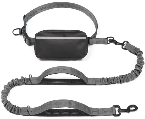Hands-Free Dog Leash Set with Waist Belt and Storage Pouch, Shock-Absorbing Bungee Leash for Jogging, Walking, and Outdoor Adventures, Reflective Safety Design for Night Use (Grey)