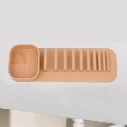 Wall-Mount Silicone Makeup Brush Holder, 2-in-1 Cleaning & Drying Cosmetic Brush Organizer—Khaki