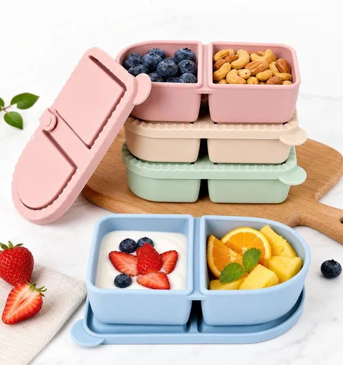 4 Pcs Silicone Snack Containers, 2 Compartments Reusable BPA Free Lunch Box for School Office Travel, 14.5x8.6x4.2 cm