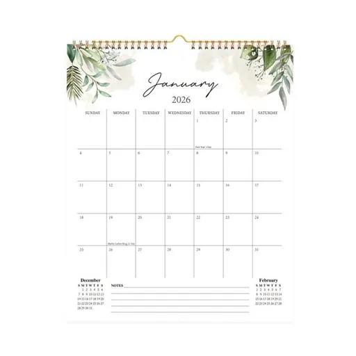 Calendar 2026 - Hangable 12 Months - Calendar - With wire-o-binding - Yearly calendar - Monthly planner - Wall calendar - 37 x 30cm - Green branches and leaves