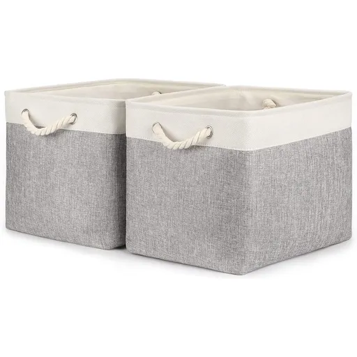 2pcs Cube Storage Bins 28*28*28cm Grey-Black Cube Storage Boxes Collapsible Large Cloth Organizer Baskets with Cotton Rops Handles for Storage Cubbies or Closet Shelf White + gray