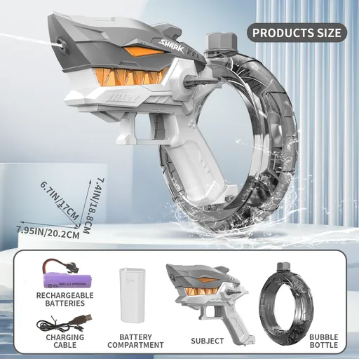 Grey Electric Shark Water Gun for Kids - Automatic Continuous Shot Blaster with Large Capacity Water Bottle & Rechargeable Lithium Battery - Long Range Summer Outdoor Toy