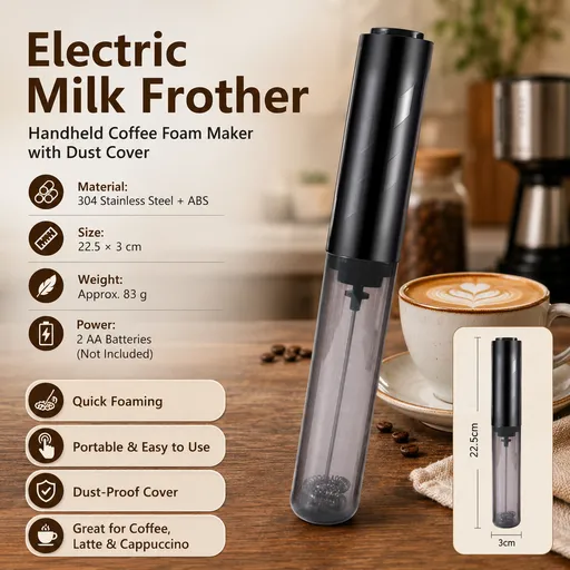 Black Electric Milk Frother Handheld - 304 Stainless Steel and ABS - Detachable Whisk, Dustproof Cover, Quiet Operation, Battery Powered （Batteries not included product） for Coffee Latte Matcha
