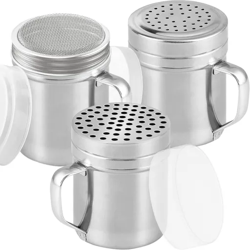 [Set o 3] 10oz Stainless Steel Dredges With Handle - ine Mesh + Medium Holes + Large Holes (or Coarse Seasonings)