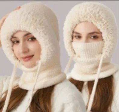 Winter Corn Velvet Hooded Scarf Mask Set - 3-in-1 Thermal Fleece Lined Balaclava for Extreme Cold - Windproof Face Cover for Skiing Cycling - Beige (2-Pack Same Color)