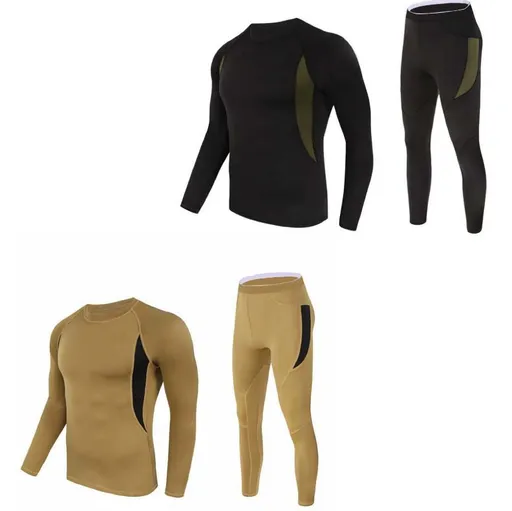 2-Pack L Size Men's Tactical 4-Way Stretch Fleece Lined Thermal Underwear Set(Black + Khaki) - Winter Sweat-Wicking & Breathable Sportswear for Training & Outdoors