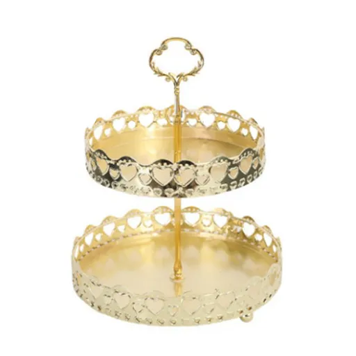 Double Layer Pastry Tray Decorative Copper Gold Biscuits Dessert Display Plate for Wedding Hollowed Out Love Heart
