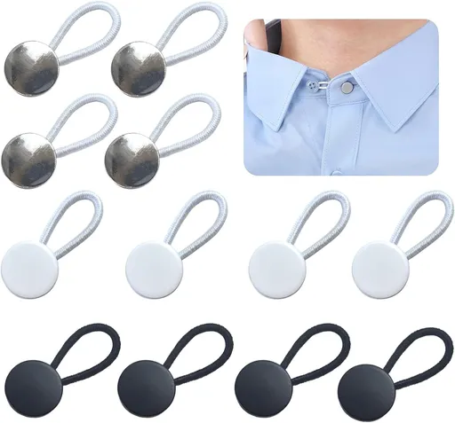 12PCS Collar Extenders for Mens Shirts Neck Button Extender for Mens Dress Shirt Soft Elastic Neck Extender Relief Tight(3 Colors White, Black And Bright Silver)