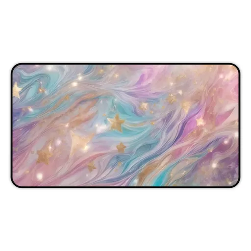 Story Nest Books Cosmic Pastel Desk Mat With Shimmer Stars | Magical Rainbow Marble Mousepad For Workspaces & Gaming - 12" Ã— 22"