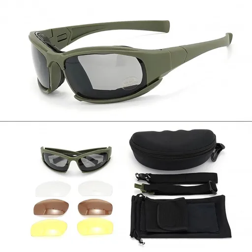 Dark Green Tactical Protection Goggles with Storage Box and Elastic Straps (PC 4-Lens Set) - Windproof, Dustproof, UV Protection for Cycling, Tactical shooting and Outdoor Use