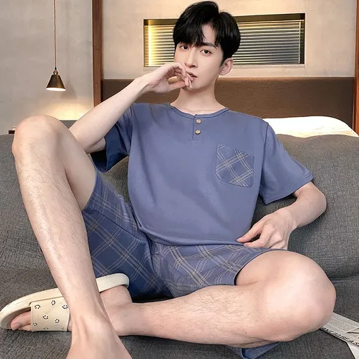 Shelofei Men Summer Cotton Pajama Set Short Sleeve DF93026 XXXXL