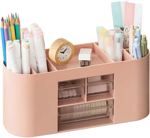 Storage box with pen holder, desk organizer, 10 compartments, large capacity, double-layer transparent drawer, suitable for pencils, colored pencils and various stationery items (pink)
