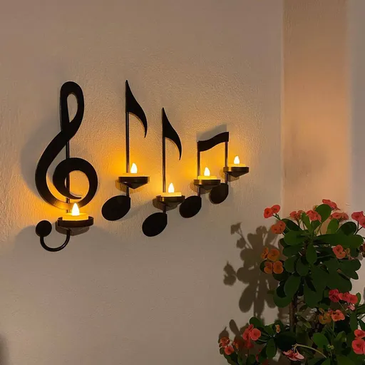 Black Metal Wall Sconce Candle Holder Set of 4 Music Symbol Wall Sconce Candlestick Holders Wall Mount Candlestick Candle Holders