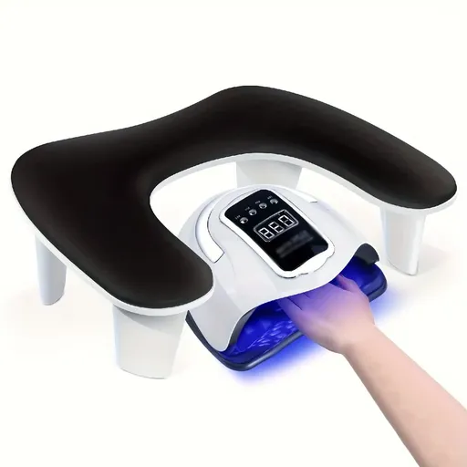 BLACK This handheld nail care device integrates a U-shaped pillow and comes with a portable detachable stand. Designed with an inclined PU material and a sturdy base, it is crafted for both comfort and portability.