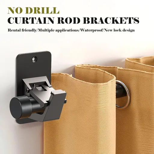 2 Pack Universal Curtain Rod Holders, No Drill Curtain Rod Brackets, Self Adhesive Curtain Rod Brackets Up to 30 LB, Nail Free Curtain Rod Hooks for Bathroom, Bedroom, Livingroom, Kitchen - Black