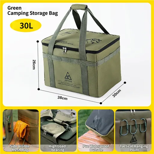 30L Collapsible Outdoor Tactical Organizer, Oxford Fabric Large Capacity Camping Gear Storage Bin with Waterproof PVC Base & Hanging Webbing for Picnic, Hiking, Camping & Kitchen Utensils, Green 38 x 26 x 30cm