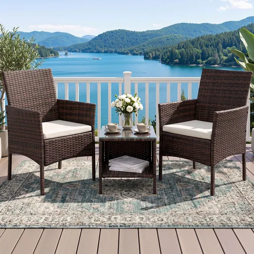 Gardeon 3PC Outdoor Bistro Set Patio Furniture Wicker Setting Chairs Table Cushion Brown