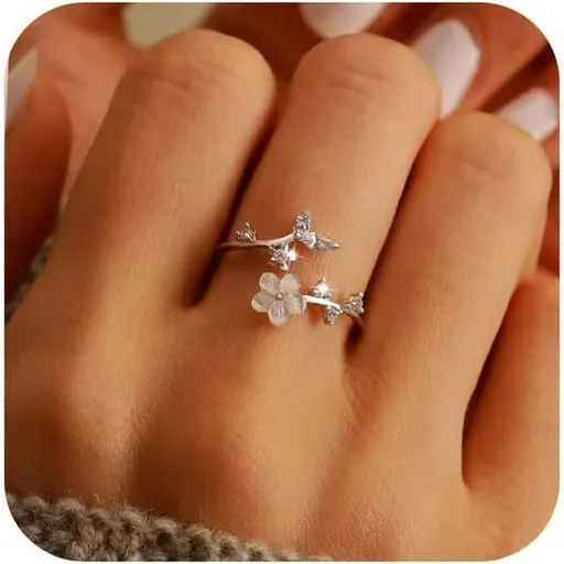 925 Sterling Silver Dainty Camellia Leaf CZs Ring for Women 14K Gold Plated Adjustable Leaves Leaf Laurel Ring to Daughter Mom White Shell Elegant Floral Crystal Finger Rings Wedding Birthday Jewelry