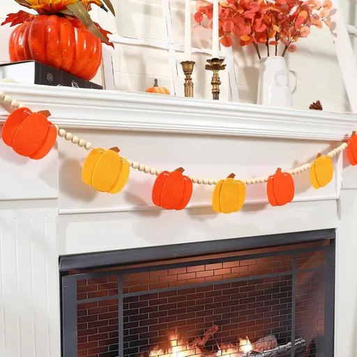 Felt Pumpkins Wood Bead Garland for Fall Decor- Halloween Thanksgiving Farmhouse Felt Pumpkins Banner for Fireplace Mantel Walls