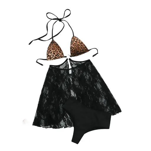 House Of Dasein Fashion Niche Sexy Comfortable Waist Baring Leopard Print Hanging Neck Underwear Set - Black Leopard Pattern Color - S