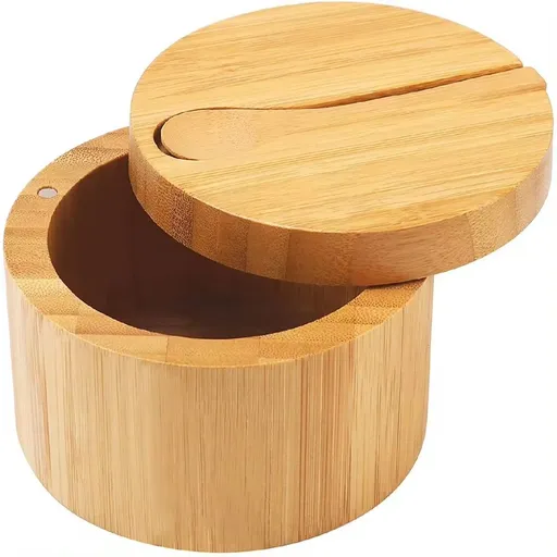Bamboo Salt Cellar with Spoon, Kitchen Spice Containers with Swivel Lids, Seasoning Containers Set Engraved