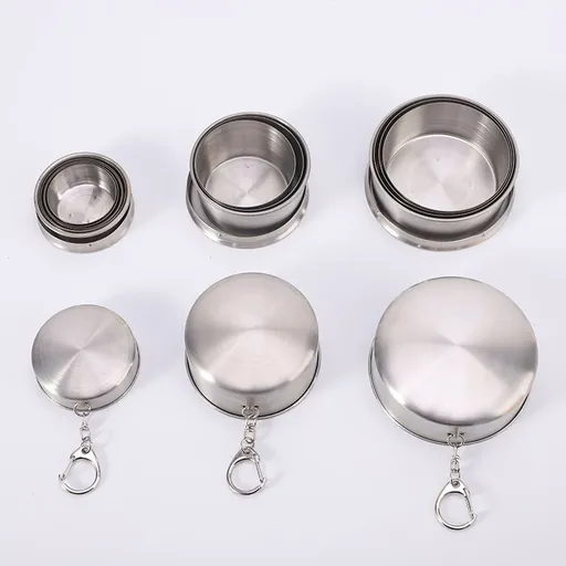 3-Capacity Silver Stainless Steel Collapsible Travel Cup Set(75ml + 150ml + 250ml) - Compact Telescopic Drinking Cup with Keychain & Dust-Proof Lid for Outdoor Hiking and Camping