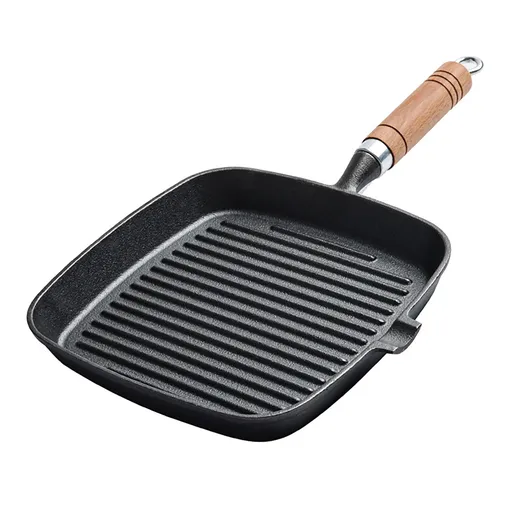 Steak Grill Pan with Wooden Handle 8.7in Thickened Bottom Even Heating Nonstick Grill Pan with Pour Spout for Indoor Cooking