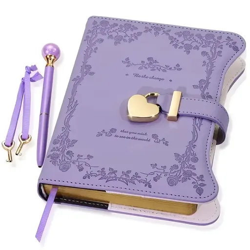 Heart-shaped lock diary with pen, lock & key. B6, 360 pages, garden style for all genders. One key locks your secret — a perfect gift for any occasion./purple