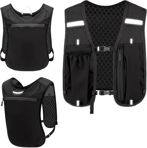 Lightweight Running Hydration Vest with Phone Holder, Multiple Pockets and Reflective Stripes for Cycling, Hiking and Horse Riding, Black
