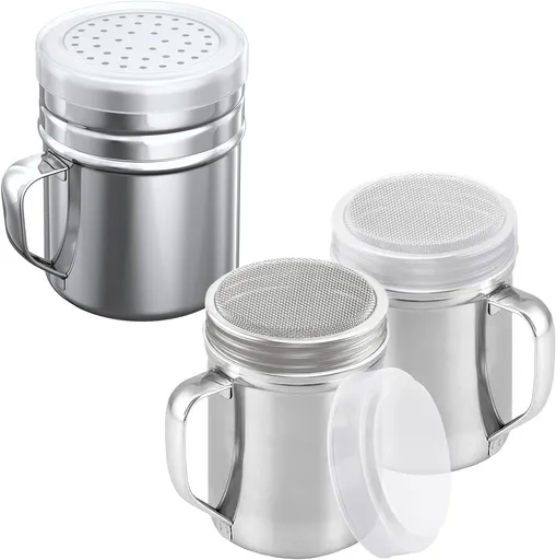 [2-pcs] 6oz Powdered Sugar Shakers (ine Mesh) + [1-pcs] 10oz Stainless Steel Salt Pepper Dredge Shaker - with Plastic Caps & Handles Bundle