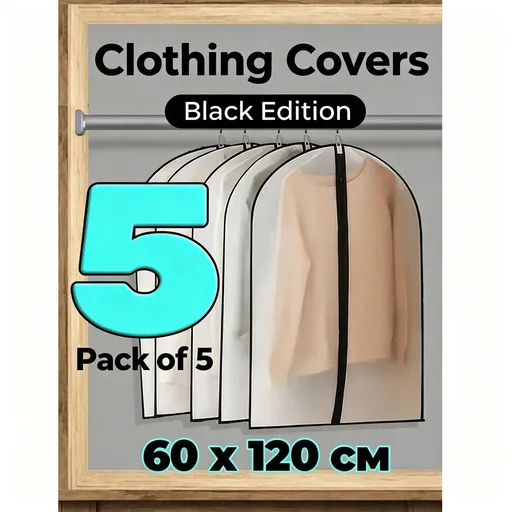 Black Trim | 5 Pack | 60x120cm | Washable Thickened Overcoat Dust Cover Set, Clear Hanging Garment Bags for Winter Coats, Seasonal Holiday Coat Storage Set