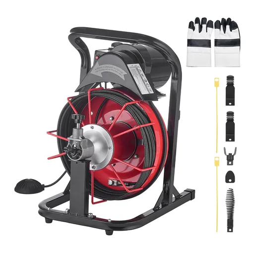Drain Cleaner Machine 15m x 8mm, Auto Feed Sewer Snake Auger with 4 Cutters & Air-activated Foot Switch for 50mm to 100mm Pipes