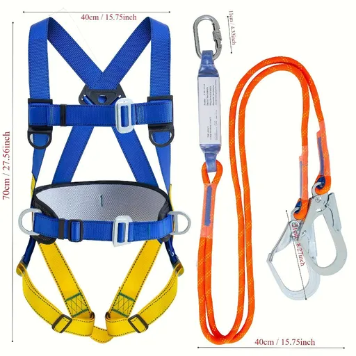 full-body safety harness, roof safety harness, shock-absorbing rope, EVA waist padding, polyester material, ANSI tested, fall protection, OSHA compliant, construction safety harness, elevated work safety - Blue - Size 3M