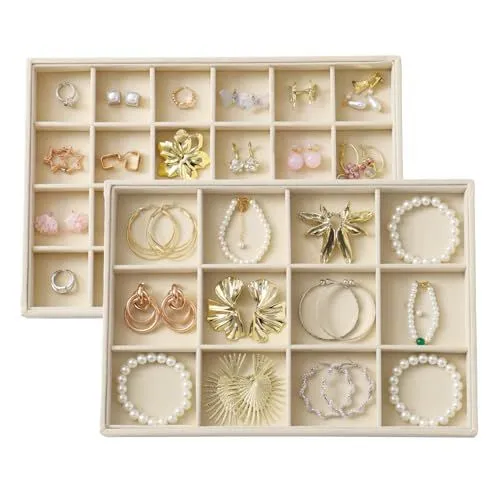 Large Velvet Jewelry Tray Display Drawer Inserts 2 Pack Stackable Jewelry Organizer for Earring Bracelet Necklace Ring 12 Grids+24 Grids - Beige - Size 12 Grids+24 Grids