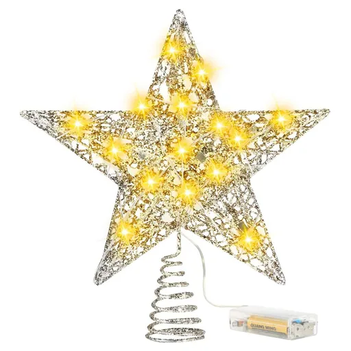 Gold Christmas Tree Lighted Wire Topper with 20 LED Lights, 20cm-Lighted Tree Shiny Treetop Christmas Tree Decoration