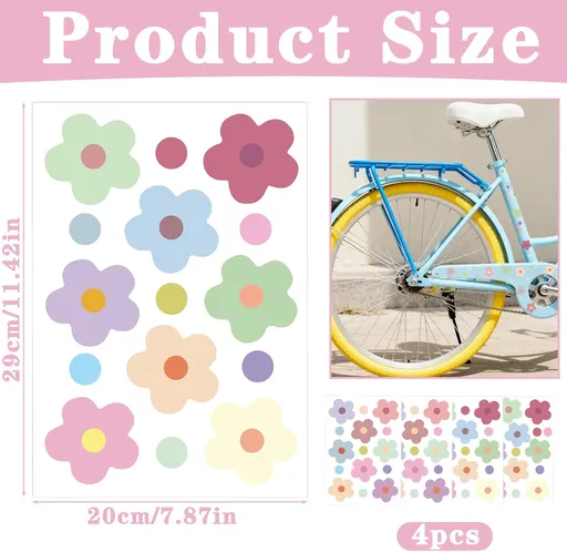 4 Sheets Flower Bike Stickers, Waterproof Wall Decals Colorful Daisy Cute Y2k Stickers for Home Car Motorcycle Bus Helmet Scooter Window Journal Planner Laptop Luggage Decoration