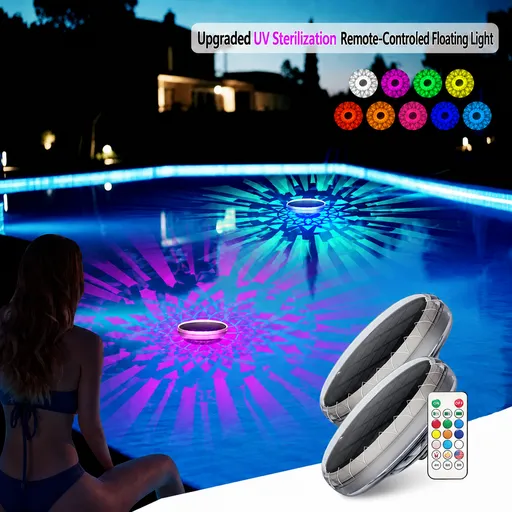 Floating Solar Pool Lights with UV Sterilization, Remote Control, 9 Color Modes, IP67 Waterproof, Auto On/Off for Pool, Pond, Garden, Patio, and Yard Decoration, 2-Pack (2PCS（UV Sterilization）)